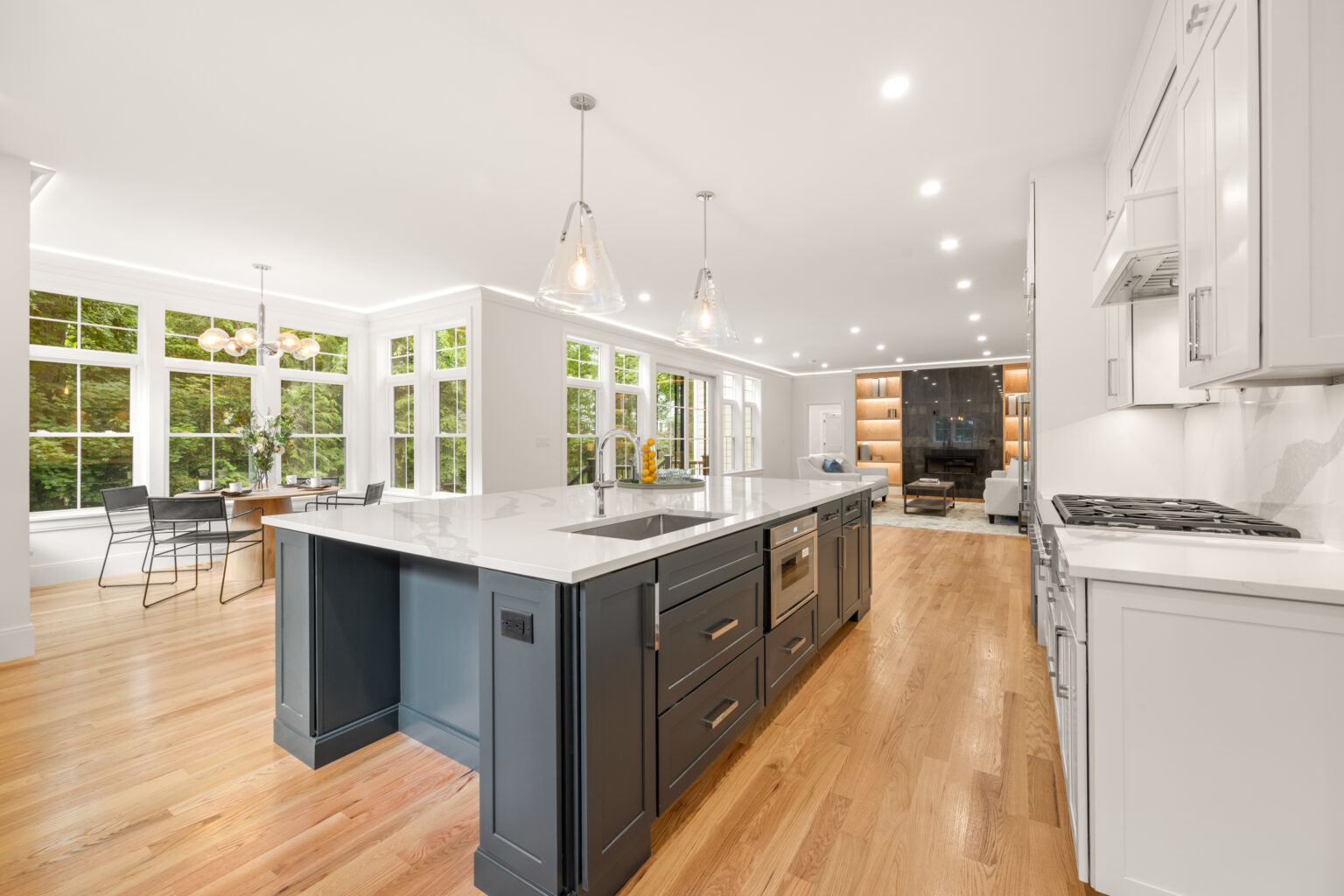 Bright modern kitchen with island, photographed in San Fernando Valley.
