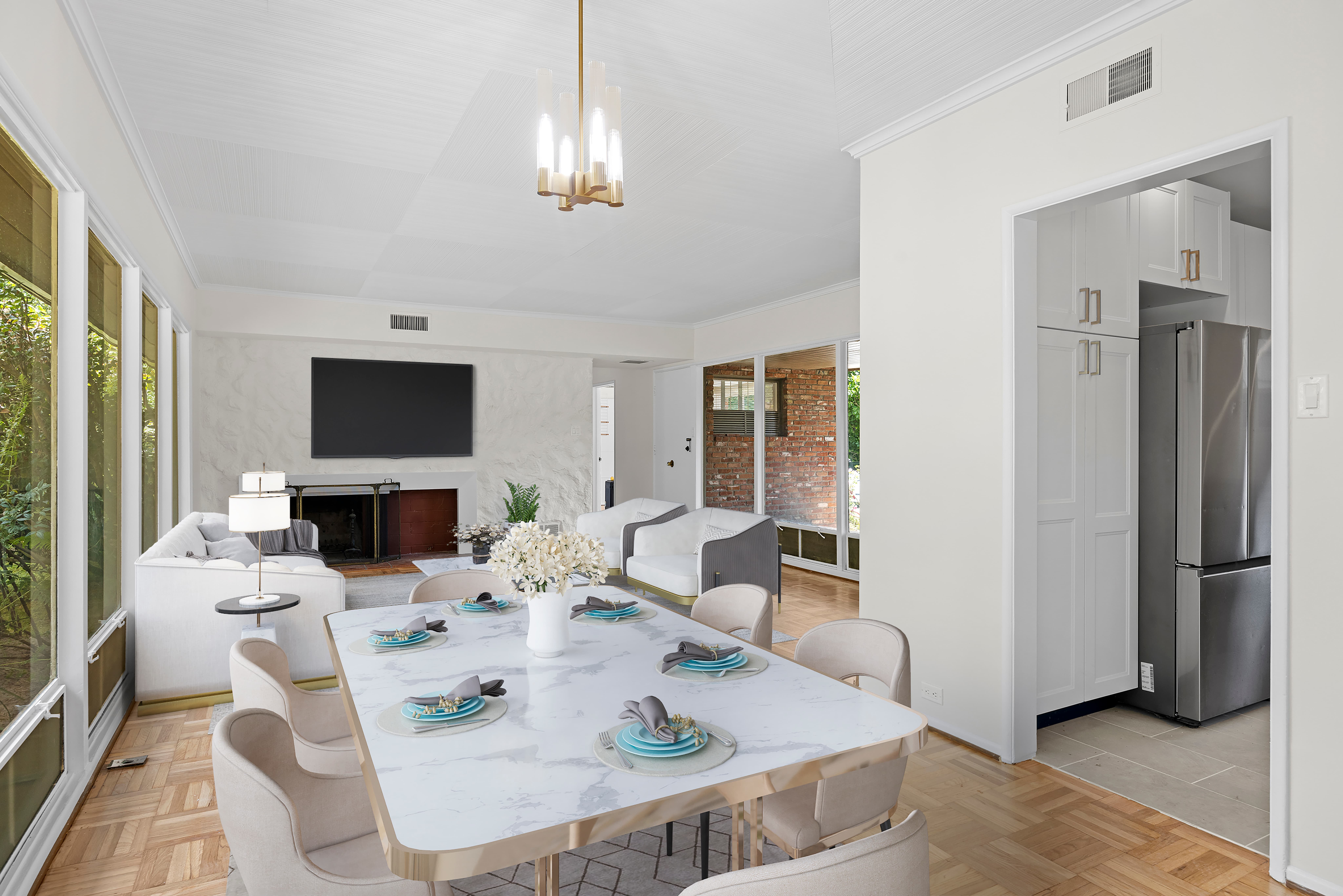 Dining table with place settings, staged interior in LA