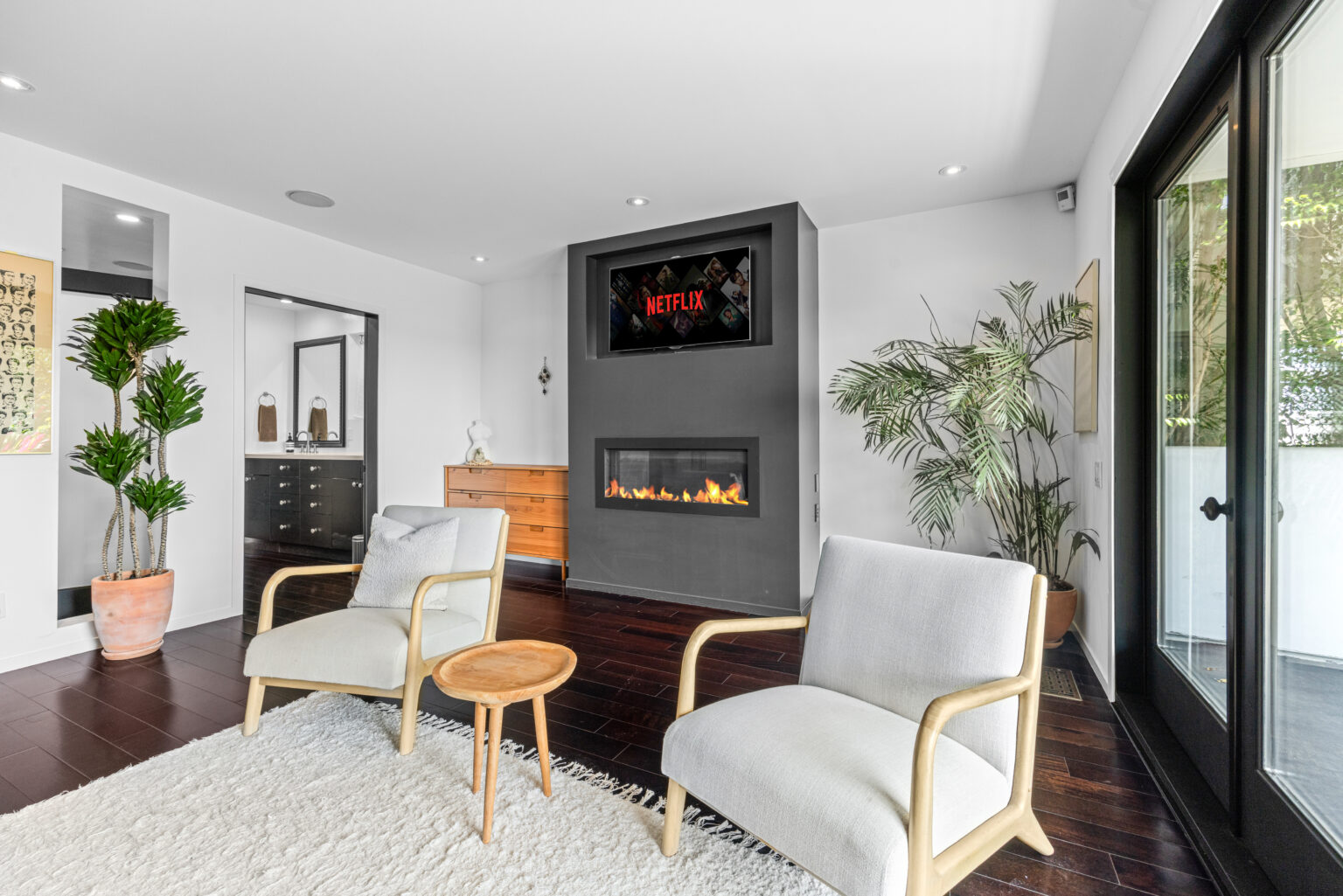 Fireplace seating area in a modern Los Angeles home.