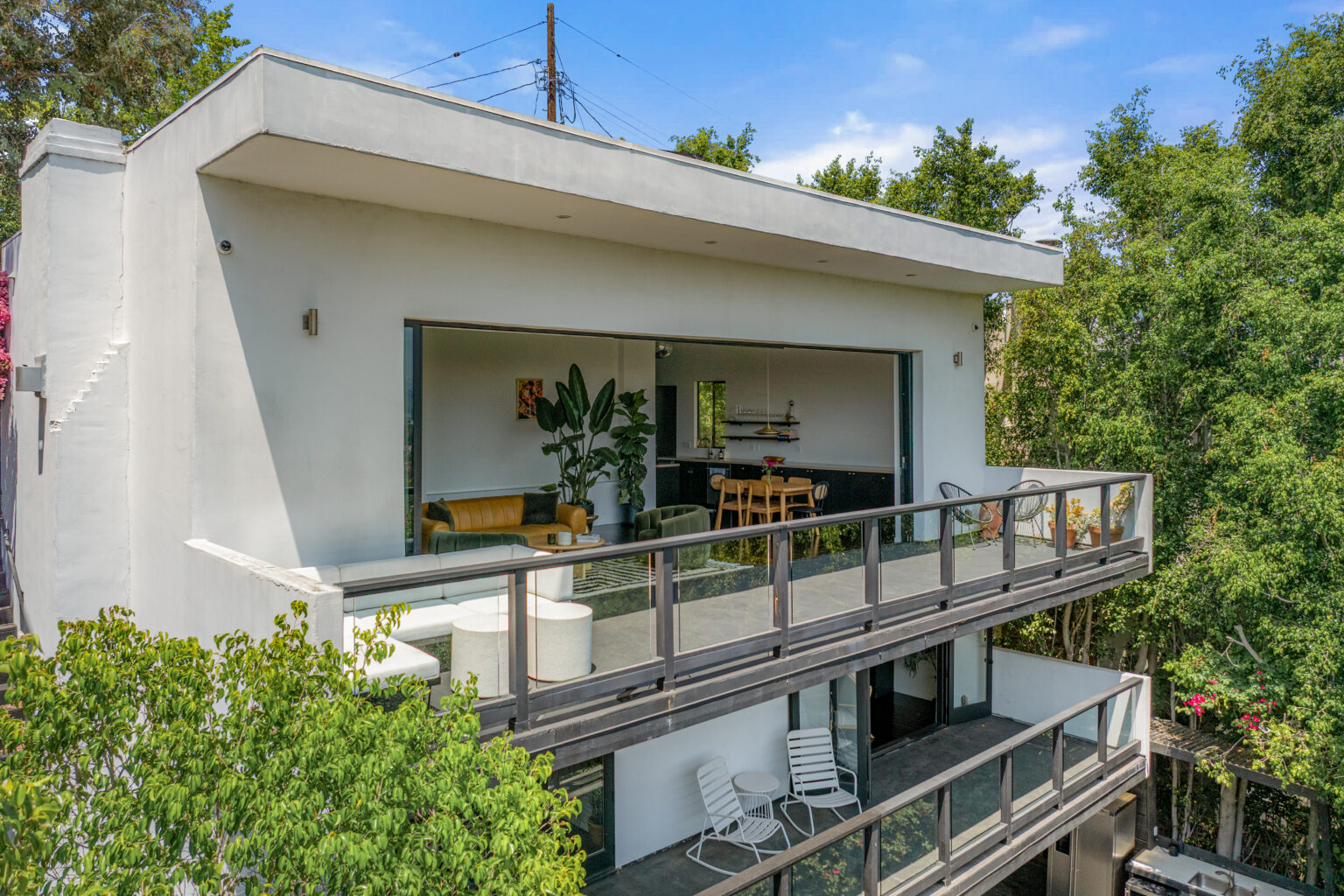 Side view of contemporary balcony and patio, LA property.