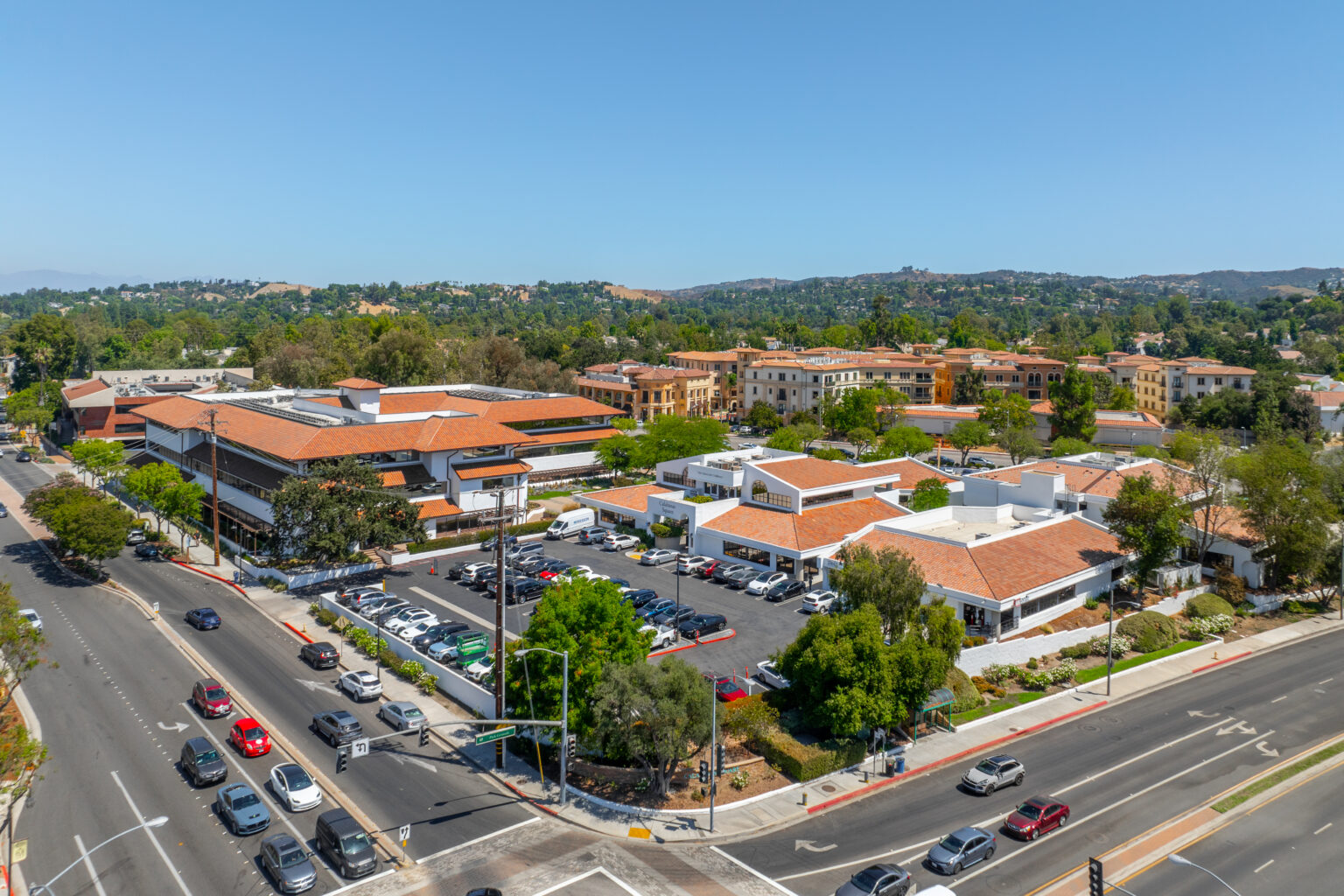 Aerial view of suburban shopping plaza