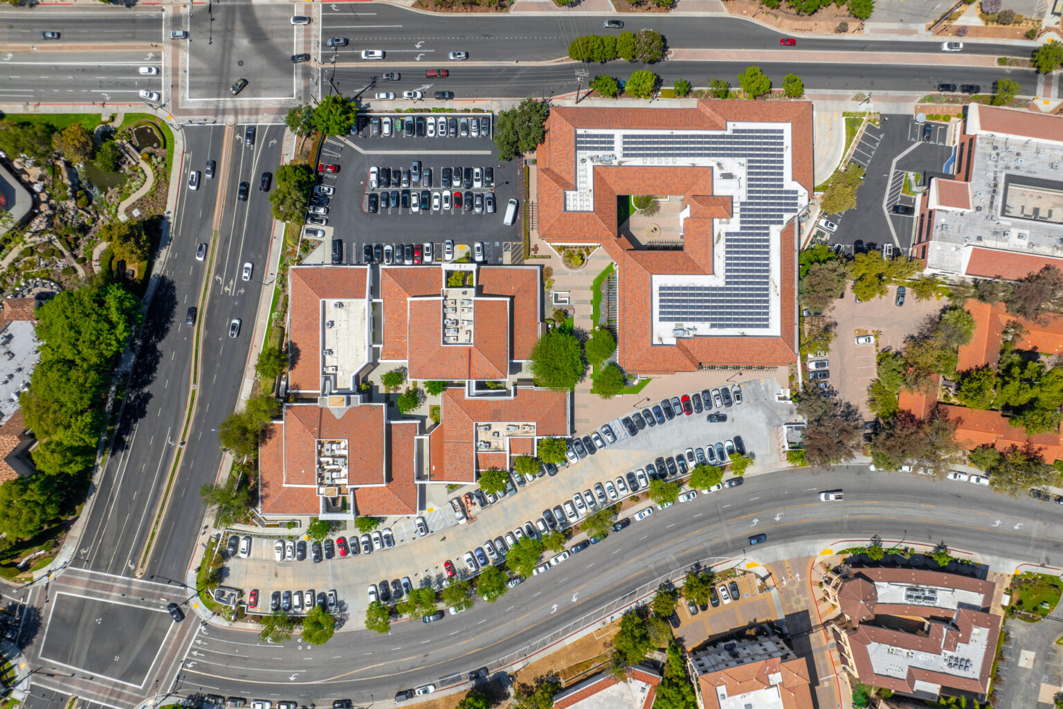 Drone shot of red-roof commercial buildings