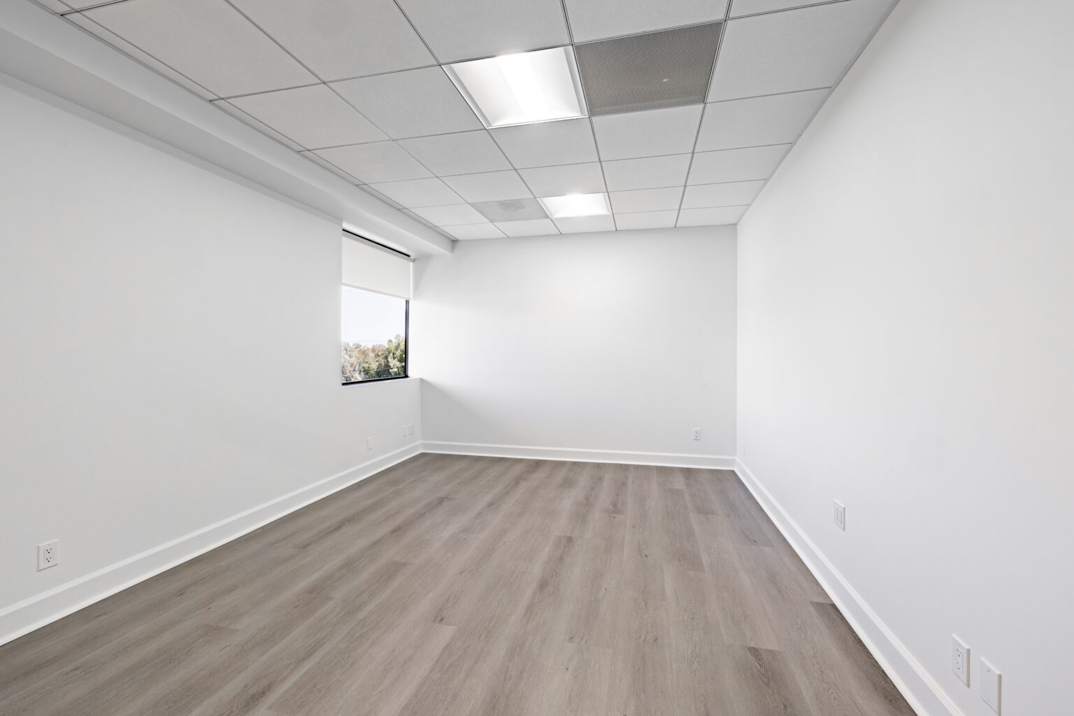 Empty white office room with wood accents