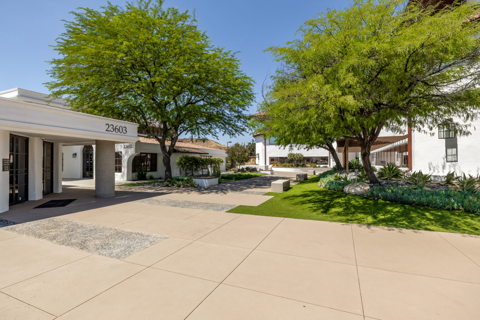 Another landscaped walkway with mature trees