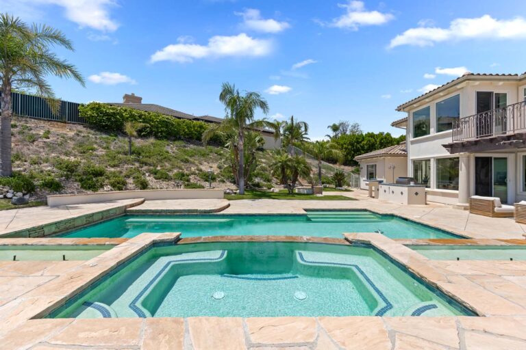 Spa and pool with patio area and palm trees